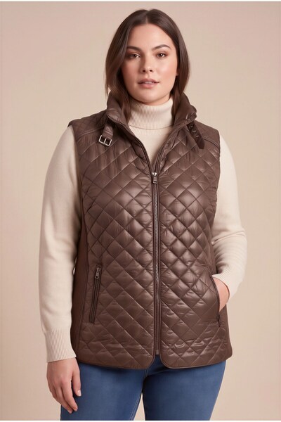 RMG Collar Belt Detail, Ribbed Sides, Large Size Quilted Vest, Brown