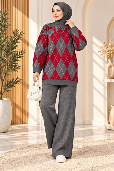 modasindoma Costum de damă cu pantaloni din tricotaj cu model Baklava, gri