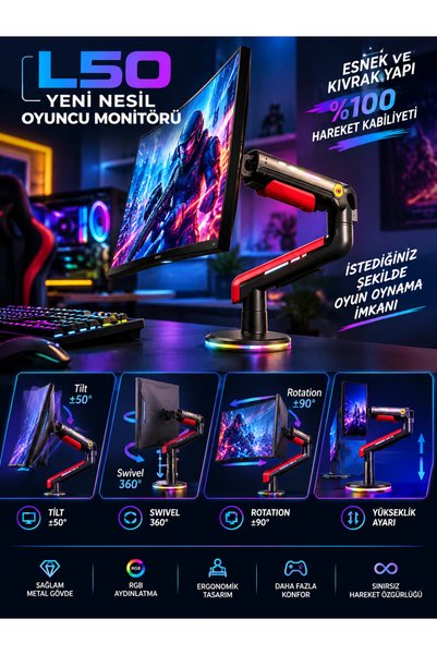 technozi L50 Sınırsız Hareket Kabiliyeti 17-60 İnc Gaming RGB Monitör Standı 20 kg’a Kadar Monitörlerle Uyumlu