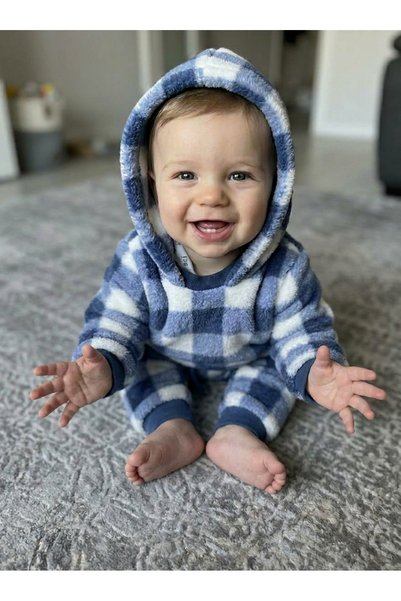 LittleElephant Checkered Welsoft Fabric Winter Baby Boy Set with Slippers