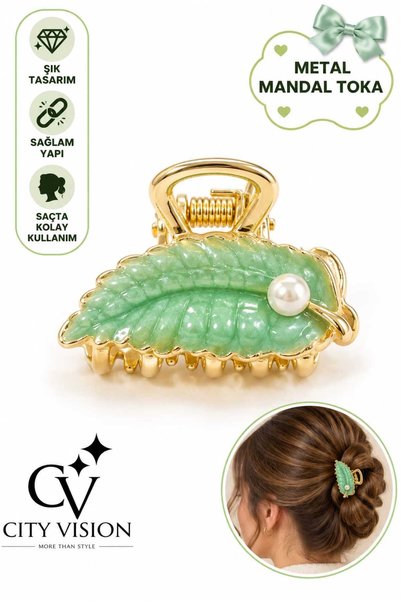 cityvision Pearl Leaf Model Water Green Color Metal Hairpin - Small Size