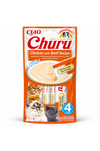 Inaba Set of 6 Churu Sauce packets for cats, with chicken and beef, 24 tubes ...