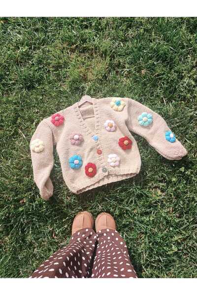 hobilanka Women's Hand-Knitted 3D Embossed Rose Motif Cardigan - Mother's Han...