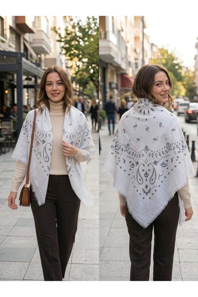 tuaipek Șal cu umăr pătrat cu model etnic texturat din cașmir 95X95 CM