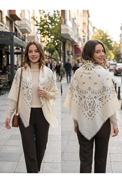tuaipek Cashmere Textured Ethnic Pattern Square Shoulder Shawl 95X95 cm
