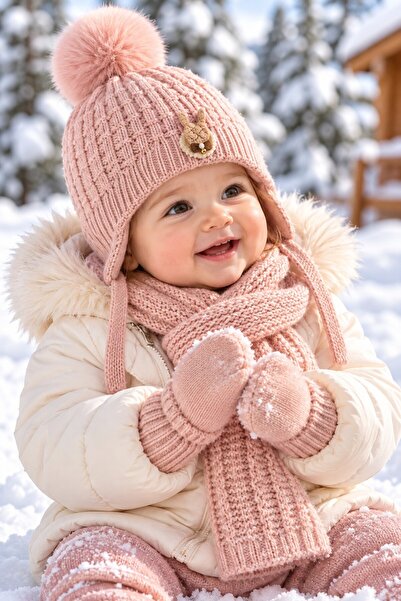 minik'o kids Ki̇tti̇ 26150-01 0-18 Months Baby Girl Scarf, Beanie, Gloves Set