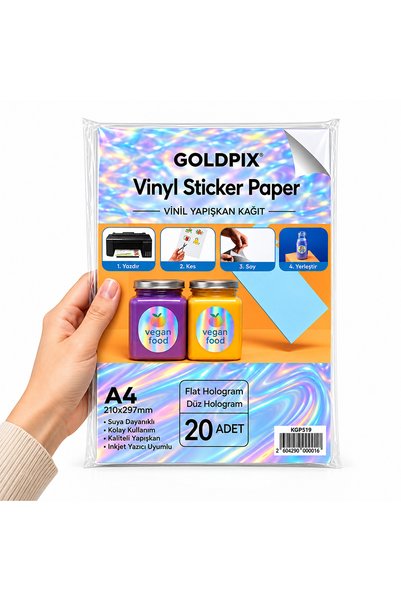 Goldpix A4 Düz Hologram Etiket Kağıdı 20 Yaprak Inkjet Uyumlu Kendinden Yapış...