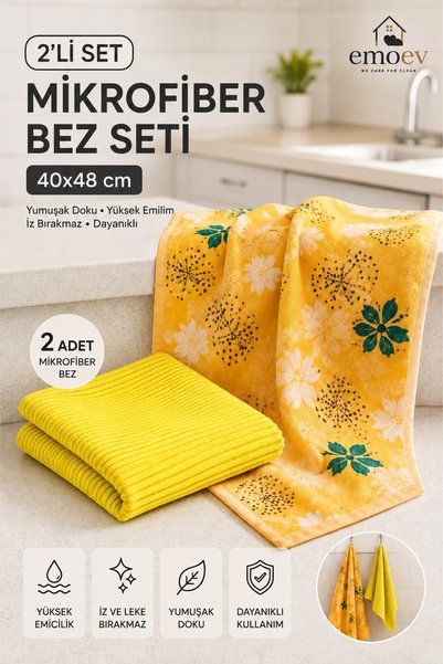 Emoev 2'li Mikrofiber Mutfak & Tezgah Temizlik Bezi Seti (40X48 Cm) - Süper E...