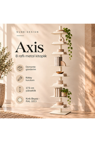 Axis 8 Raflı Metal Kitaplık Modern Tasarım Dikey Dekoratif Kitaplık