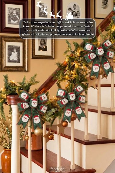 FANTASTIC KURDELE Yılbaşı Noel Baba Desenli Telli Kumaş Kurdele 5 Metre – Çelik Telli 3D Kabartma Efektli Hacimli Fiyonk ve Ağaç Süsleme Şeridi