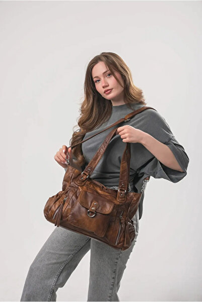 ÇÇS Women's Black Vintage Washed Leather Look Multi-Pocket Zippered Large Siz...