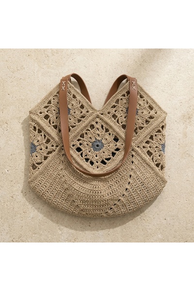 Trendauraa Hand Knitted Motif Beige Raffia Bag, Stylish Women's Shoulder Bag ...