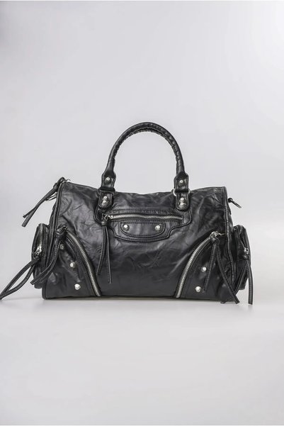 ÇÇS Women's Black Vintage Washed Leather Look Multi-Pocket Zippered Daily Sho...