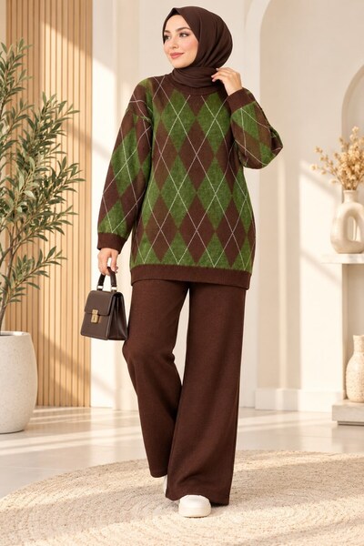 modasindoma Costum de tricotaj cu model Baklava pentru femei, cu pantaloni, kaki