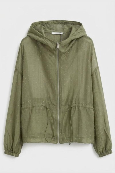Suziş Khaki, Stone-Colored, Hooded Chiffon Jacket Per9755