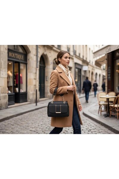 BŞK VİRGO Matte Black Small Size Women's Handbag with Gold Accessories and Crossbody Strap Bsk2026