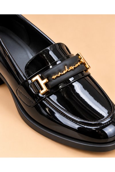 KS KADİR SARAÇ Women's Black Patent Leather Gold Buckle Short Heeled Loafer Shoes