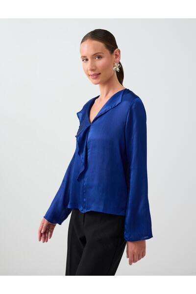 Jimmy Key Cobalt Ruffle Detailed V-Neck Long Sleeve Chiffon Blouse