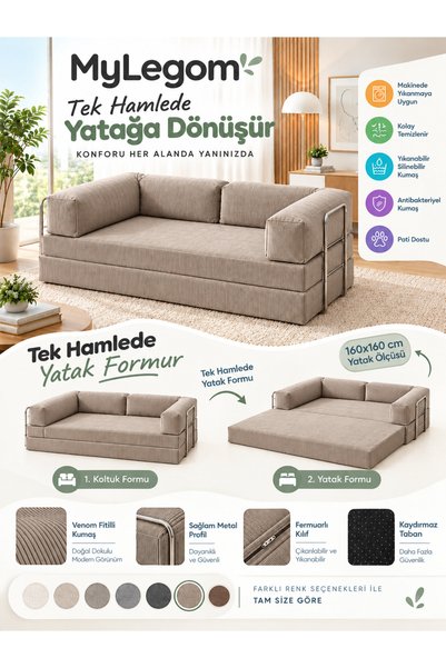 Mygusi MyLegom 80x160 Yataklı Kanepe Fitilli Kadife Dinlenme Koltuğu, Yıkanab...