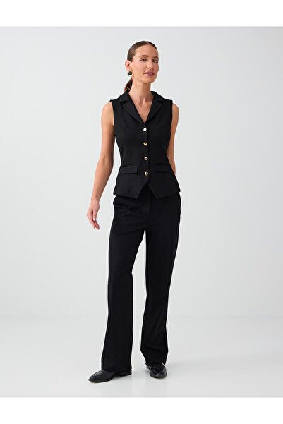 Jimmy Key Black Zipper Detailed High Waist Wide Leg Pants