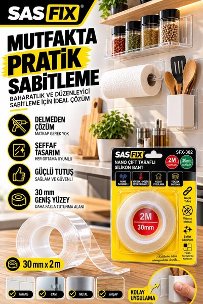 Fevito SAS FIX Nano Çift Taraflı Silikon Bant 50 mm x 2 Metre Şeffaf Güçlü Ya...