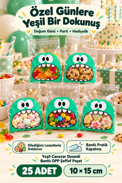 Ezupack 25'li Yeşil Canavar Desenli Bantlı Kurabiye Şeker Parti Baby Shower D...