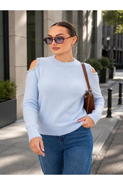 citycenterfashion Women's Shoulder Windowed Pearl Embroidered Bearded Knitwea...