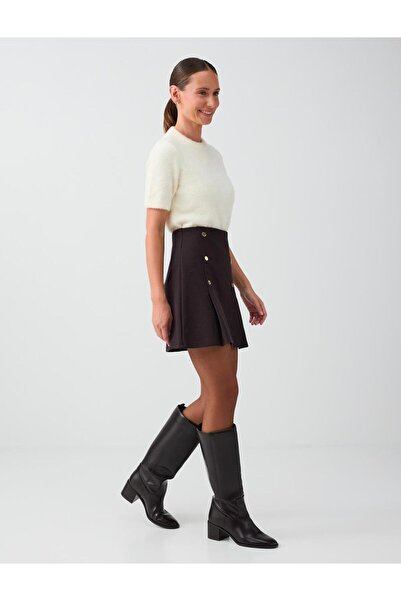 Jimmy Key Bitter Brown Button Detailed High Waist Short Knitted Skirt