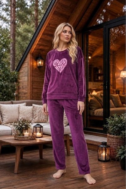 ELİTOL Velvet Plum Heart Embroidered Interlaced Long Sleeve Crew Neck Women's Pajama Set