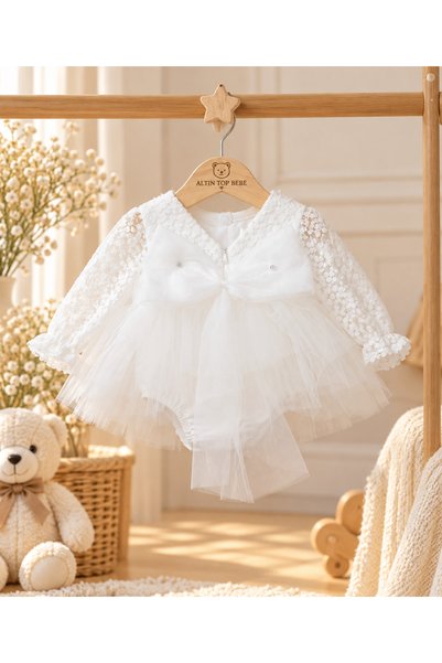 altıntop bebe Baby Girl Lace Tulle Skirted Bow Long Sleeve Snap Romper White Dress
