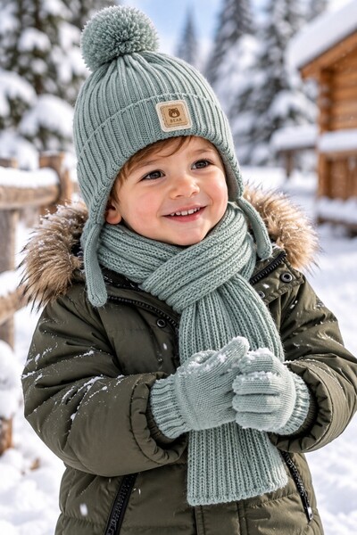 minik'o kids Ki̇tti̇ 26160-12 Boy's 1-4 Years Scarf, Beanie, Gloves Set