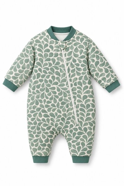 BABYİLAY %100 Pamuklu Elyaf Dolgulu Bebek Uyku Tulumu | Mint Yeşili Desenli Fermuarlı Unisex Tulum 1-8 Yaş