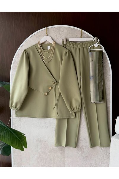 MODA VEDAT Дамски комплект панталони от скуба материя с връзки отстрани и 3 к...