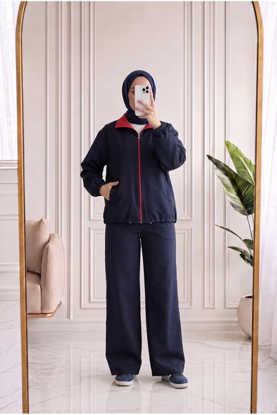 MİHRA STORE Gülper High Collar Suit with Elasticated Sleeves and Zipper - Pn3256 Navy Blue