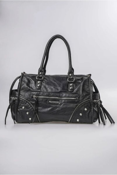 ÇÇS Women's Vintage Washed Leather Look Oversized Zipper Staple Detailed Shou...