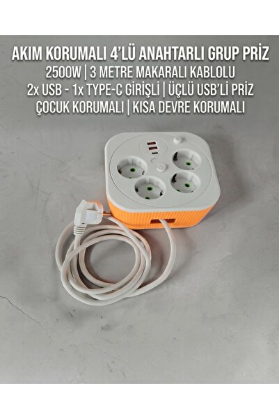 lstri Akım Korumalı Makaralı Kablolu 4'lü Anahtarlı Grup Priz, 2500W,3 Metre 2x USB - 1x TYPE-C Girişli, Üçlü Usb'li Priz, Çocuk Korumalı, Kısa Devre Korumalı
