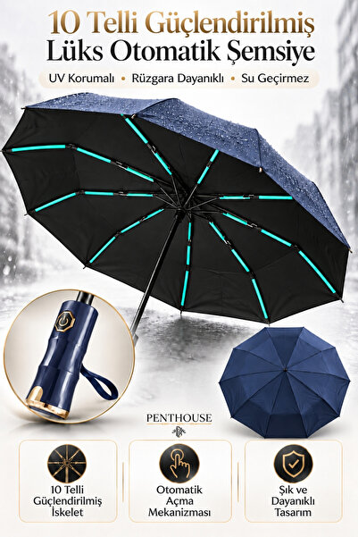 Penthouse Umbrelă automată întărită cu 10 șuvițe, rezistentă la UV, rezistent...