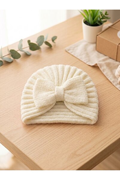 Victorino Turban Tricotat Alb-Crem pentru Fetițe cu Fundă - Căciulă Elegantă ...