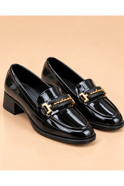 KS KADİR SARAÇ Women's Black Patent Leather Gold Buckle Short Heeled Loafer Shoes