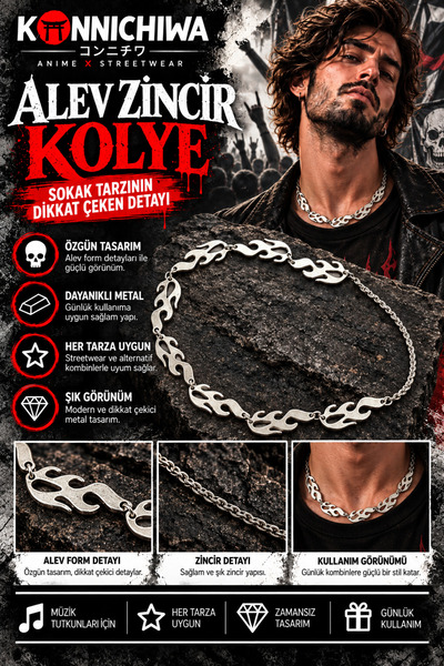 FG KONNİCHİWA Flame Figured Chain Necklace Silver and Black Unisex