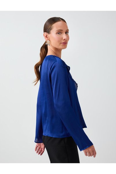 Jimmy Key Cobalt Ruffle Detailed V-Neck Long Sleeve Chiffon Blouse