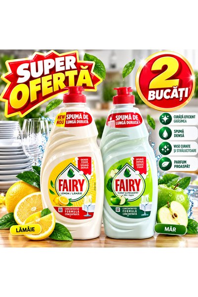 Fairy Pachet Spumă de Vase, Lămâie + Măr, 2 x 750 ml – Cantitate totală 1,5 L