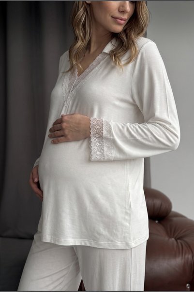 Miss Dünya Lissa Veloria Shirt Collar Lace Embroidered Maternity and Postpartum Pajama Set