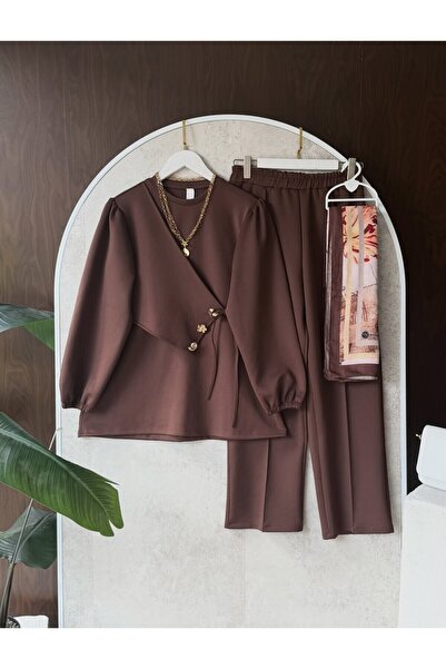 MODA VEDAT Дамски комплект панталони от скуба материя с връзки отстрани и 3 к...