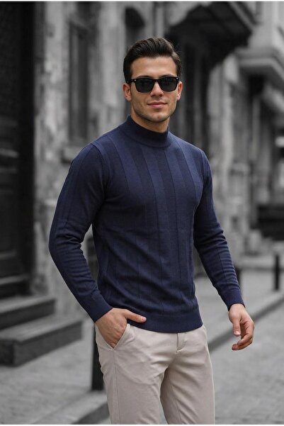 Oksit Seka 917 Striped Cotton Slim Fit Men's Half Fisherman Sweater