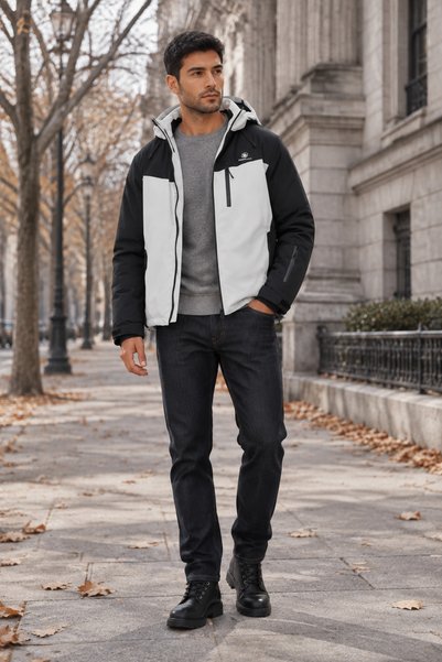 lumberjack XN-9581 معطف رجالي بقلنسوة باللونين الأسود والأبيض للاستخدام اليومي