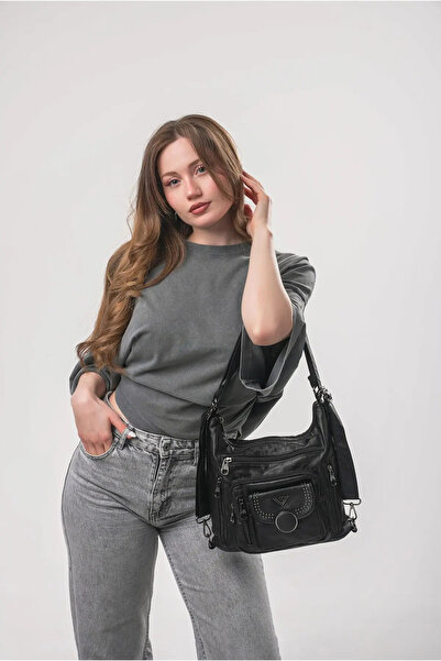 ÇÇS Geantă de umăr și crossbody pentru femei, cu multiple compartimente, cu fermoar, cu aspect de piele moale și curea reglabilă, neagră 18390