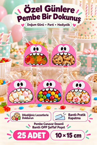 Ezupack 25'li Pembe Canavar Desenli Bantlı Kurabiye Şeker Parti Baby Shower D...