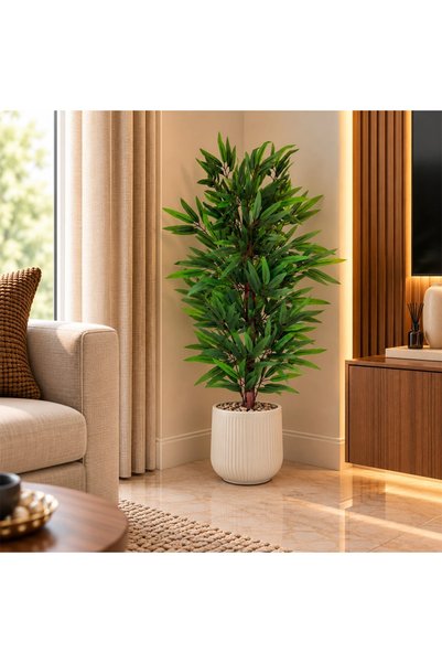 MiLi Modern Artificial Bamboo Tree with Warm Beige Plastic Pot 95 cm
