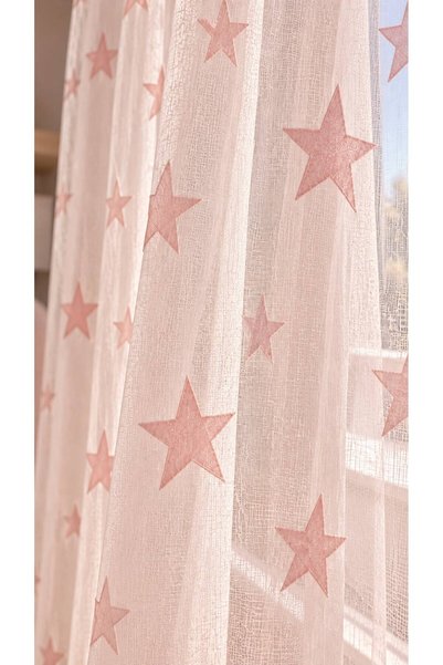 Fon Dünyası Pink Star Patterned Luxury Children's Room Tulle Curtain